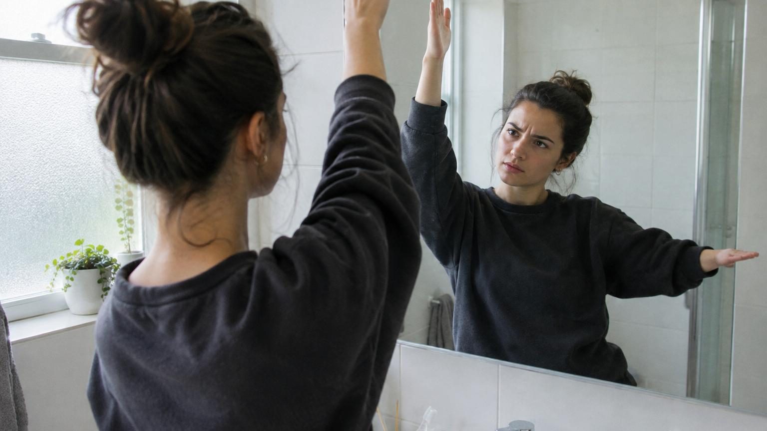 Schéma d'un miroir plat vertical montrant comment les rayons lumineux rebondissent d'une main levée et reconstituent son image virtuelle inversée en profondeur derrière la surface.
