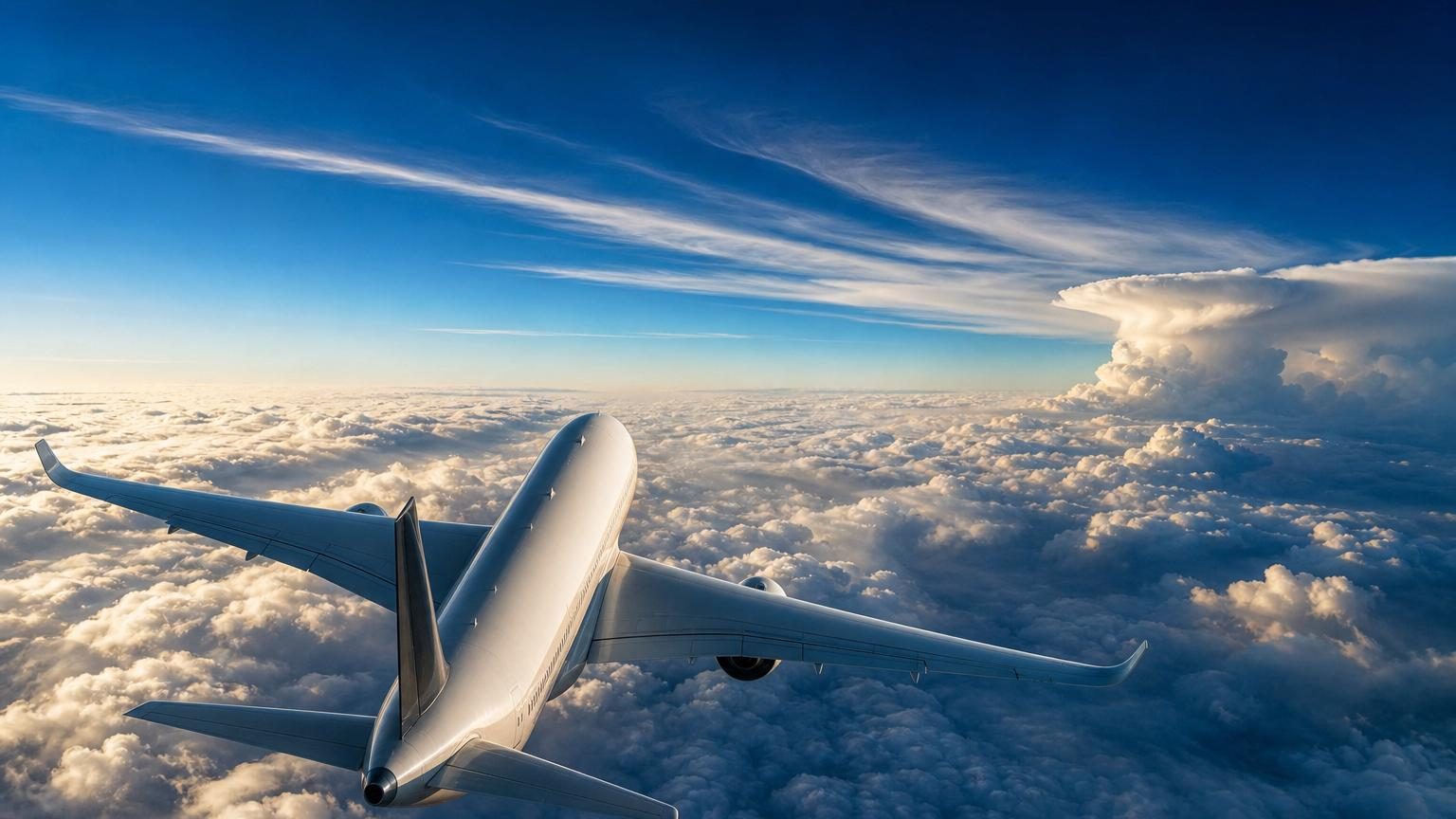 Hublot d'avion offrant une vue sur des nuages blancs en dessous, avec un écran d'altitude affichant 10 668 mètres en croisière.