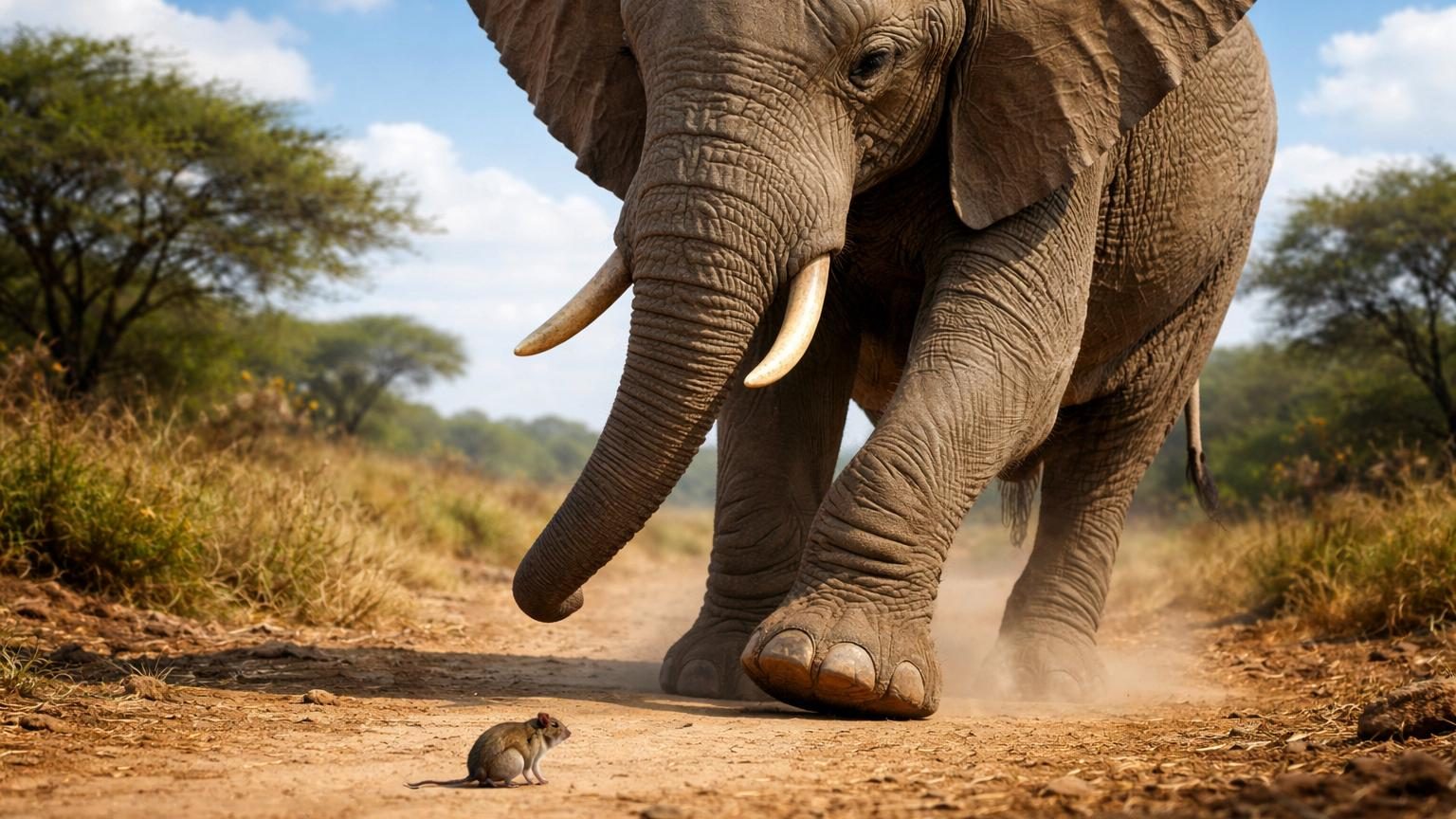 Un éléphant imposant s'approchant prudemment d'une minuscule souris sur le sol, symbolisant le célèbre mythe animalier.