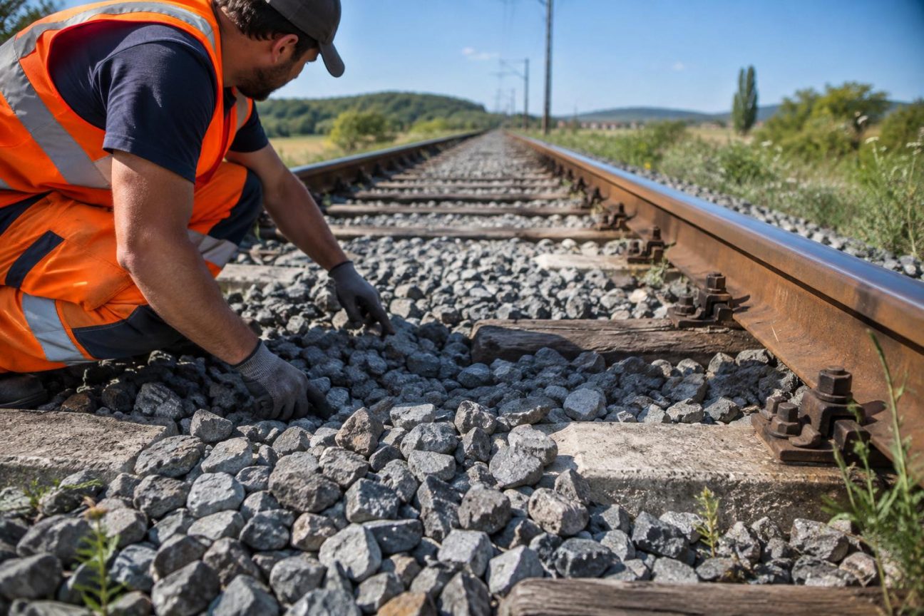 Gros plan sur des pierres grises anguleuses concassées bordant les rails d'une voie ferrée, illustrant le ballast qui soutient et stabilise les rails de train.