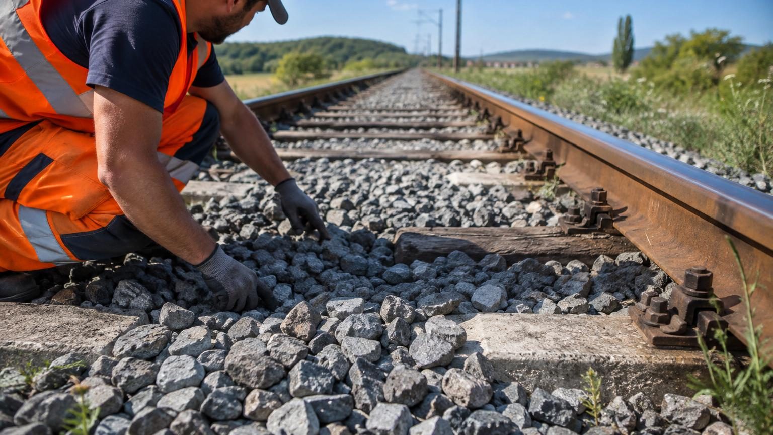 Gros plan sur des pierres grises anguleuses concassées bordant les rails d'une voie ferrée, illustrant le ballast qui soutient et stabilise les rails de train.