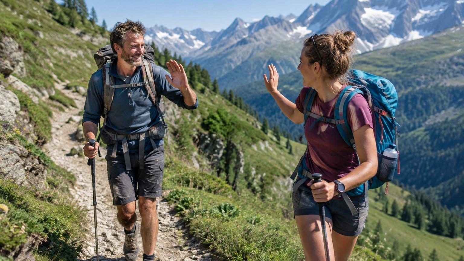 Deux randonneurs se croisant sur un sentier de montagne ensoleillé, échangeant un salut amical en montagne alpine.