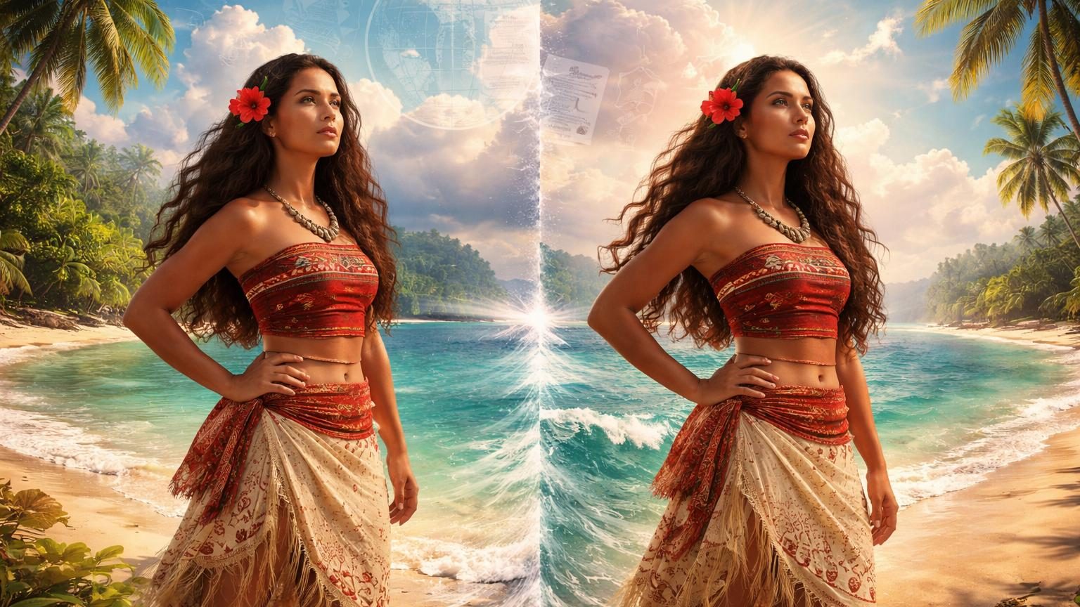 Affiche du film d'animation Disney avec l'héroïne océanique dans deux versions : Moana pour le public américain et Vaiana pour le public européen, illustrant les différentes dénominations géographiques.