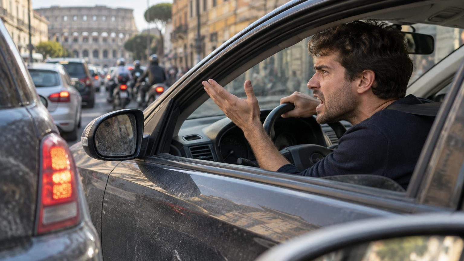 Embouteillage routier urbain dense avec plusieurs voitures serrées dans le trafic, illustrant la proximité forcée et la tension des automobilistes