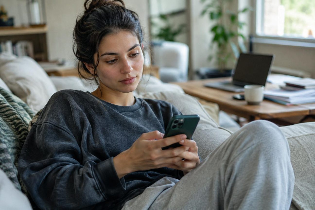 Mains tenant un smartphone affichant des bulles de messages conversationnels entre deux personnes, avec des symboles de cœur et de suppression de messages visibles à l'écran.