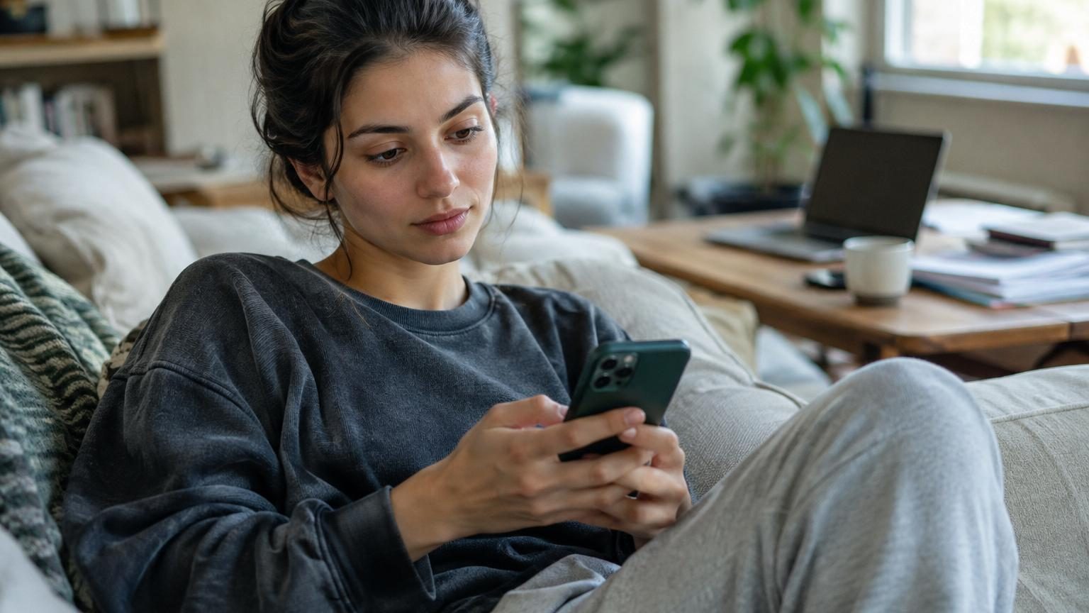 Mains tenant un smartphone affichant des bulles de messages conversationnels entre deux personnes, avec des symboles de cœur et de suppression de messages visibles à l'écran.