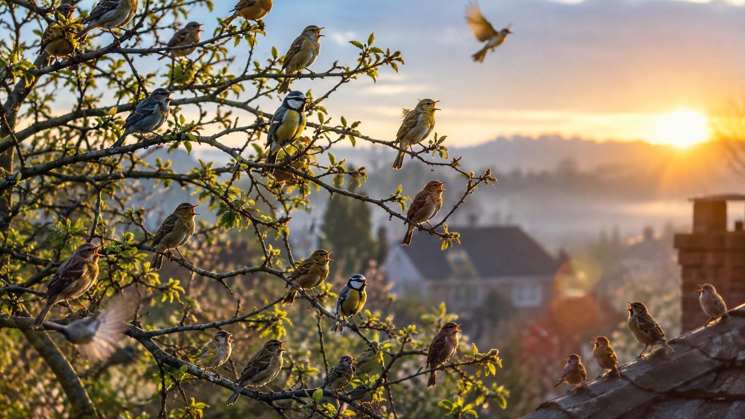 Plusieurs oiseaux perchés sur une branche au lever du soleil, avec des notes de musique flottant autour, symbolisant le phénomène du chœur matinal.