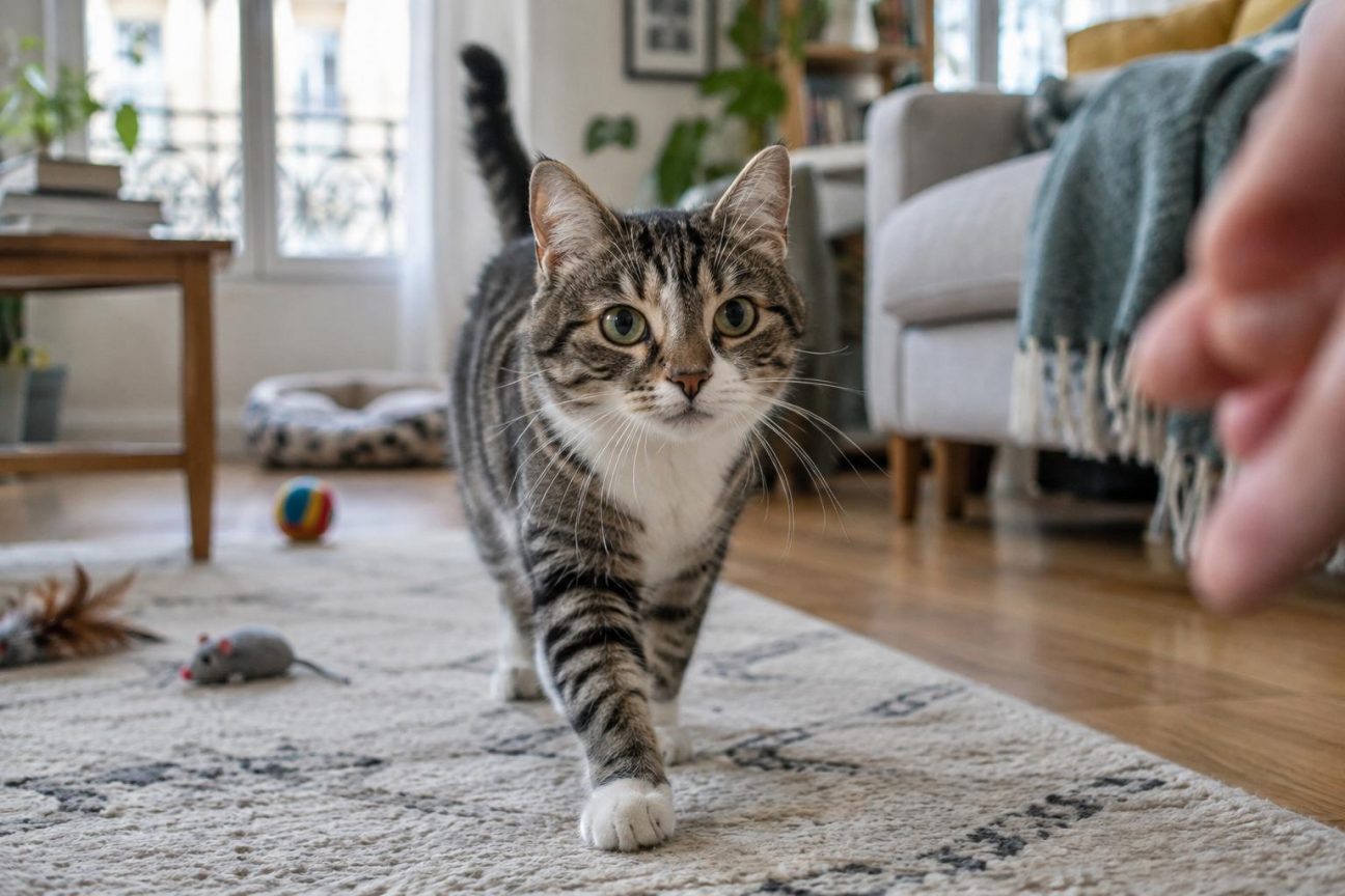 Un chat curieux levant la tête ou se tournant, les oreilles dressées vers la source d'un son, illustrant son attentivité auditive.