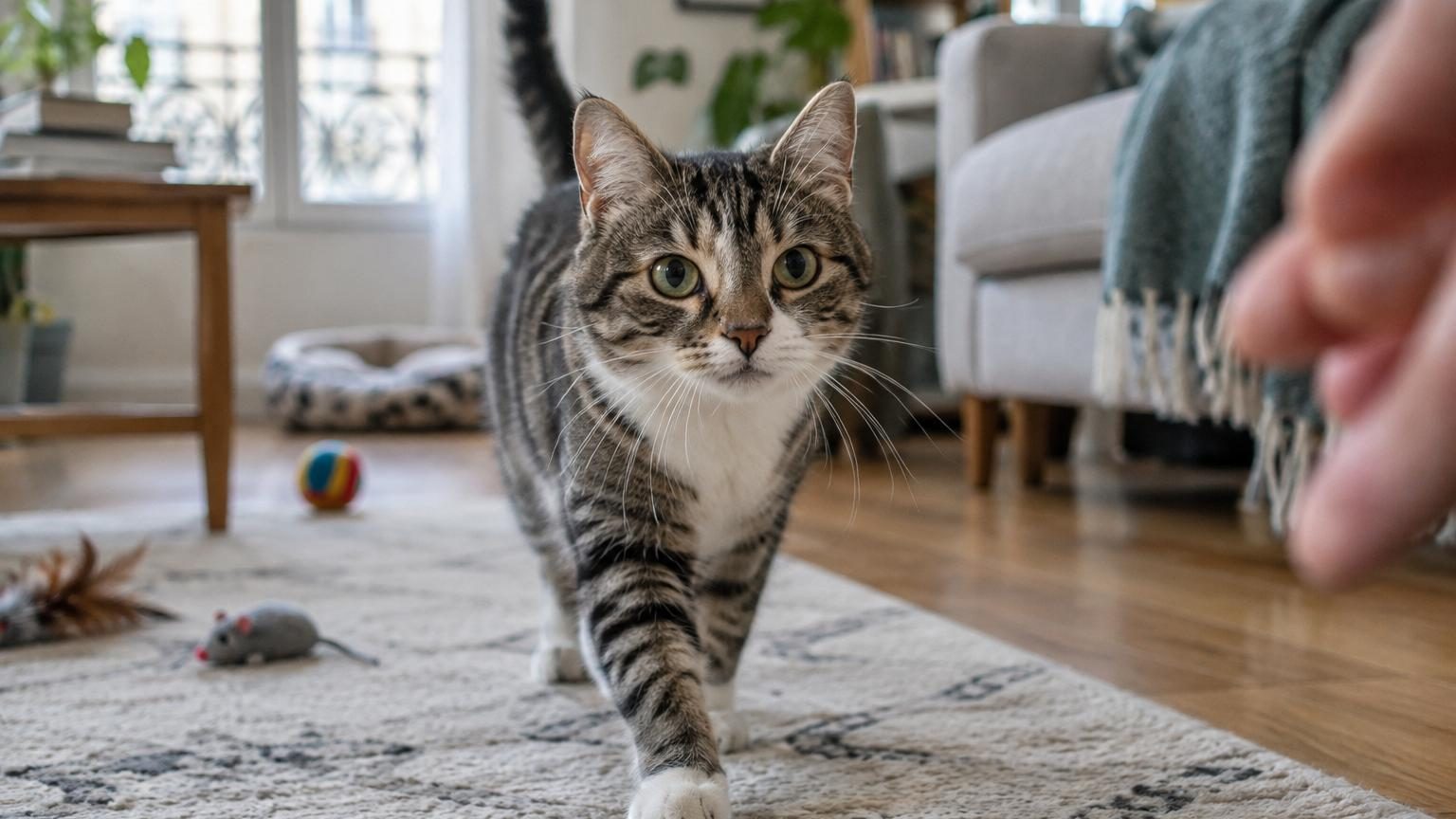 Un chat curieux levant la tête ou se tournant, les oreilles dressées vers la source d'un son, illustrant son attentivité auditive.
