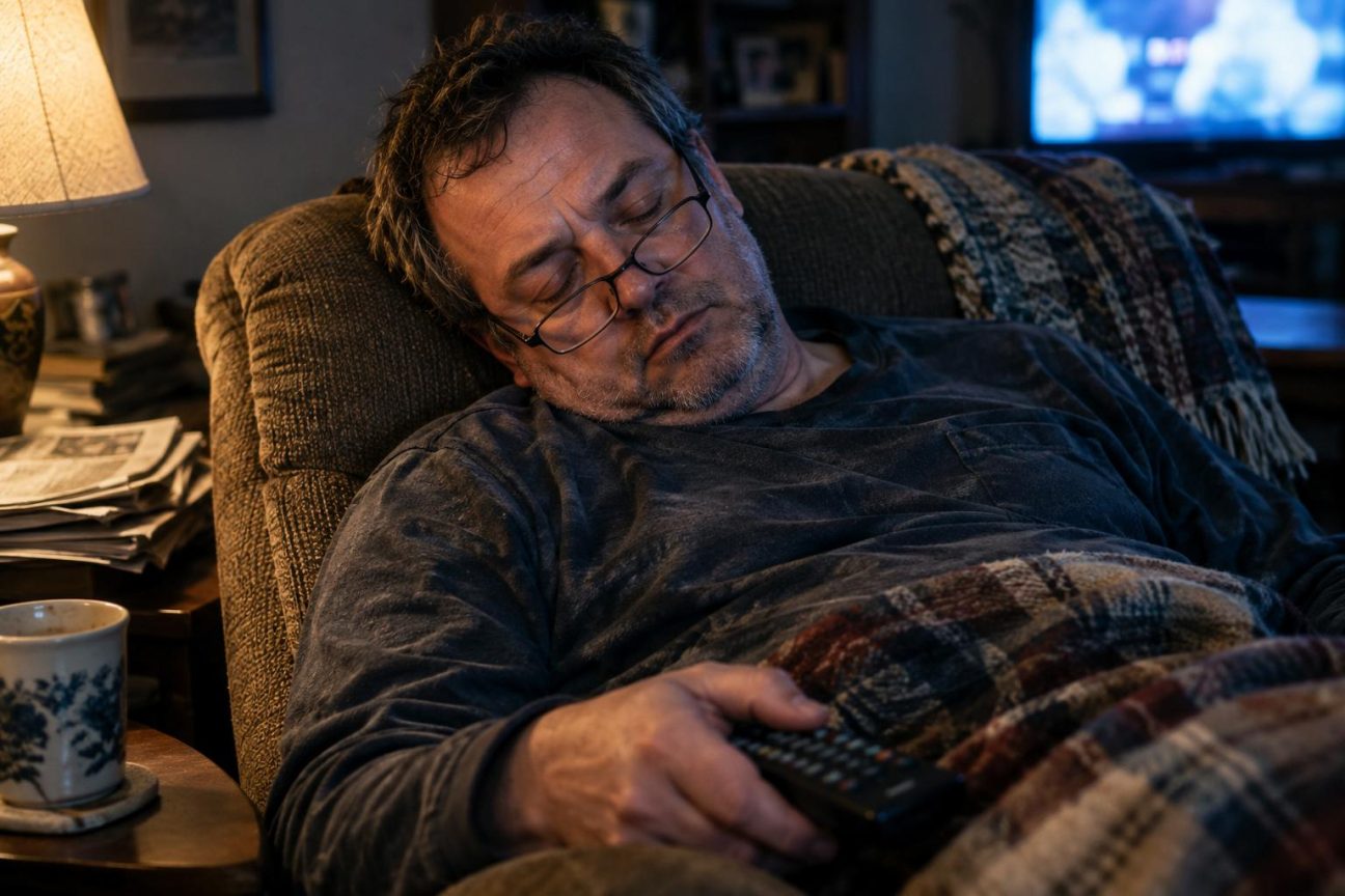Un homme âgé endormi dans son fauteuil avec un plaid, la télévision allumée en arrière-plan, illustrant la scène familière de l'assoupissement devant l'écran.