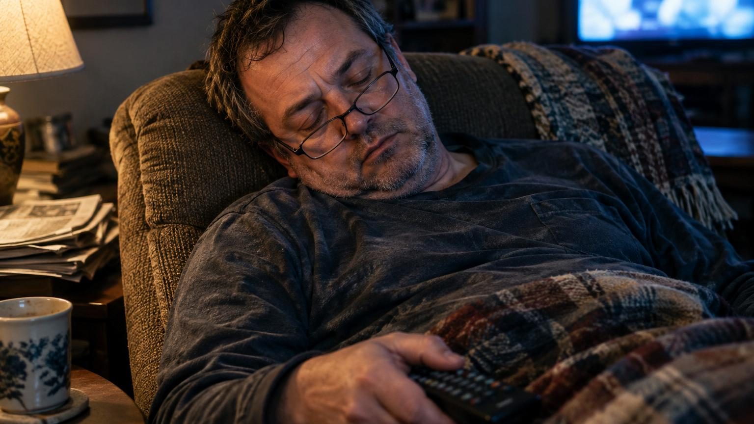 Un homme âgé endormi dans son fauteuil avec un plaid, la télévision allumée en arrière-plan, illustrant la scène familière de l'assoupissement devant l'écran.