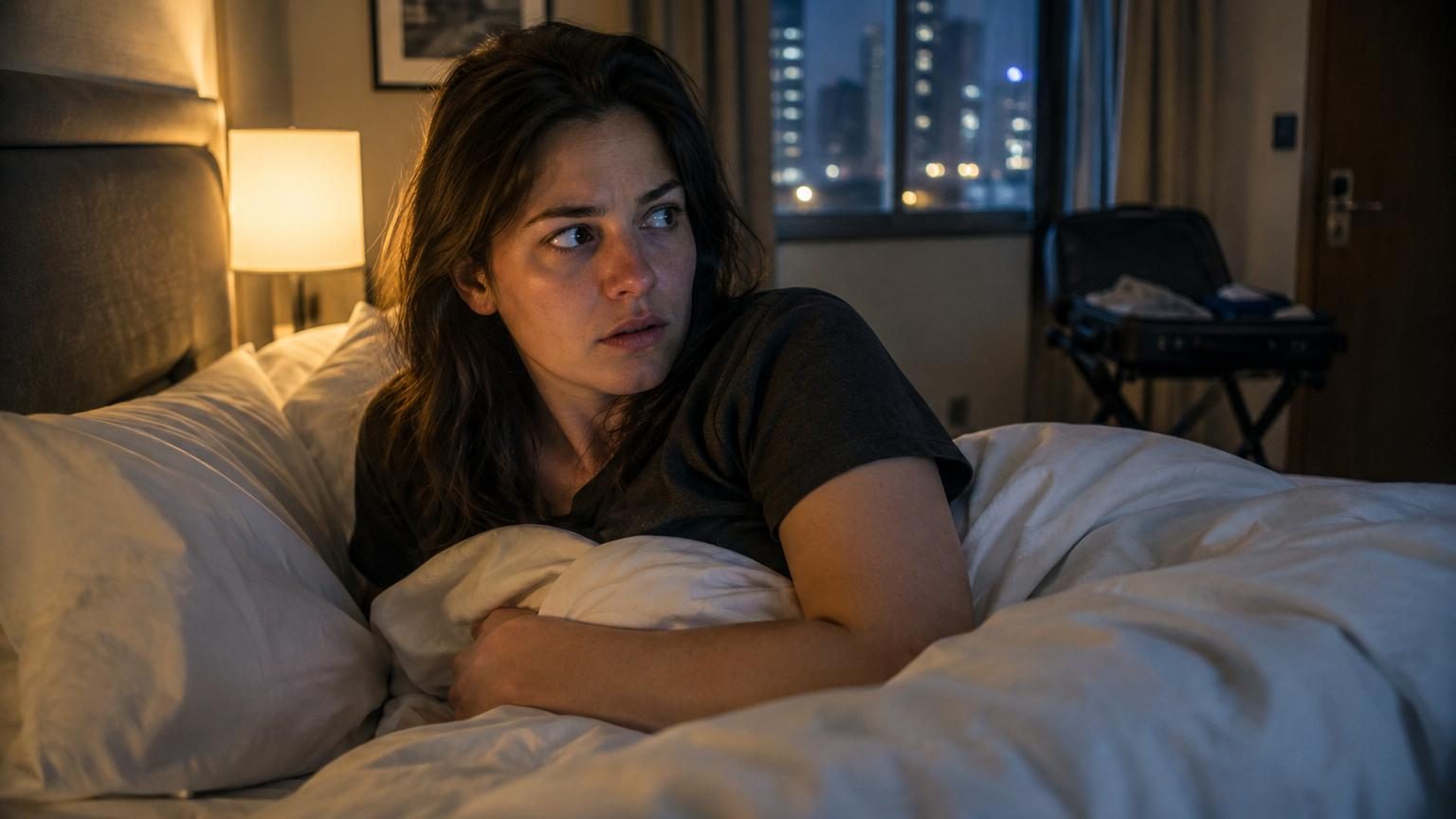 Personne allongée dans un lit d'hôtel, l'air préoccupé, avec des symboles d'ondes cérébrales illustrant l'activité mentale maintenue pendant le sommeil.