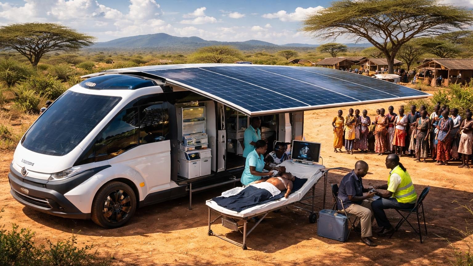 Ambulance solaire Stella Juva aux panneaux photovoltaïques, stationnée en zone rurale kenyane avec ses auvents de diagnostic déployés.