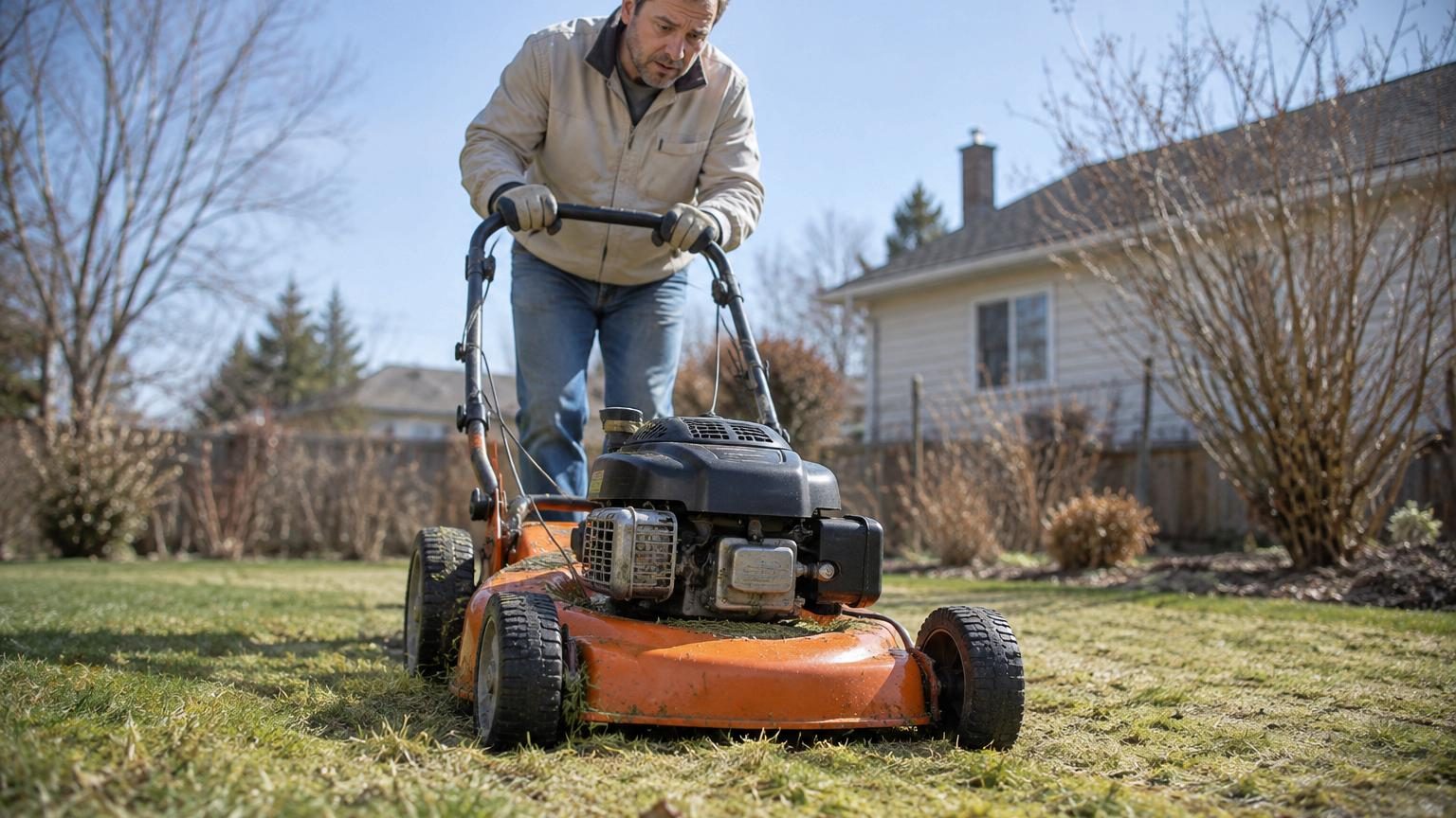 Tondeuse à gazon verte sur une pelouse de printemps bien verte et dense, avec herbe d'environ 8 à 10 centimètres de hauteur.