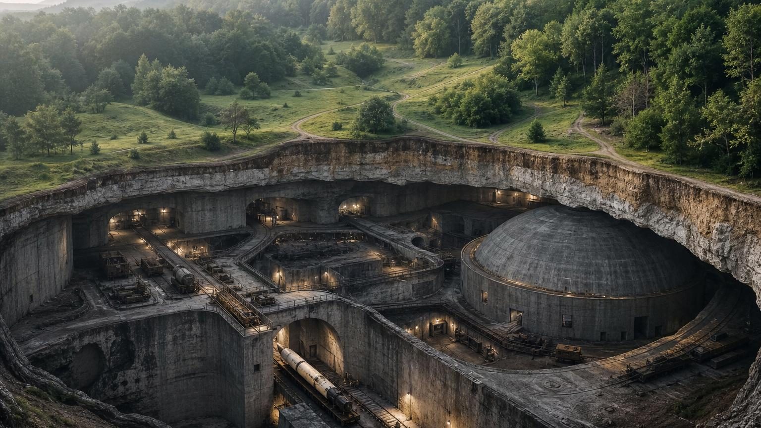 Vue extérieure de La Coupole, massive structure de béton en forme de dôme enfoncée dans une colline boisée du Pas-de-Calais, camouflée par la végétation environnante.