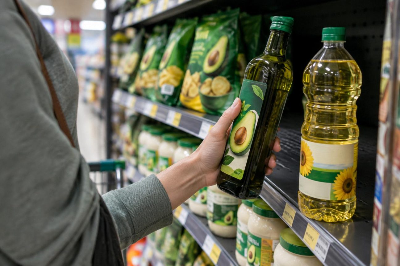 Composition graphique montrant des bouteilles d'huile d'avocat et de soja aux profils chimiques comparés, avec résultats de tests d'authenticité en pourcentages.