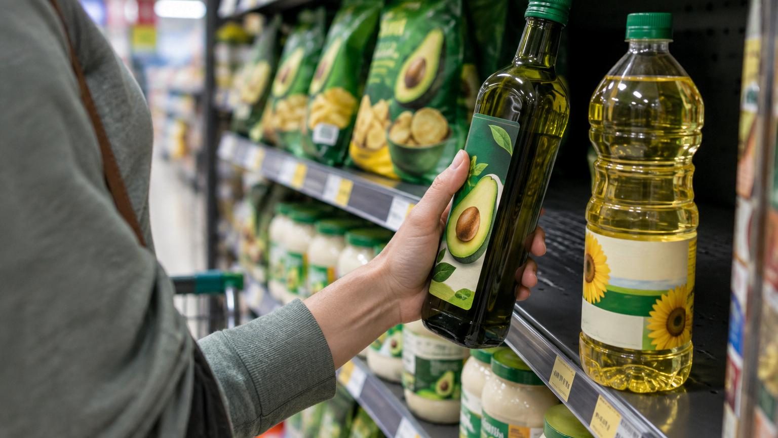 Composition graphique montrant des bouteilles d'huile d'avocat et de soja aux profils chimiques comparés, avec résultats de tests d'authenticité en pourcentages.
