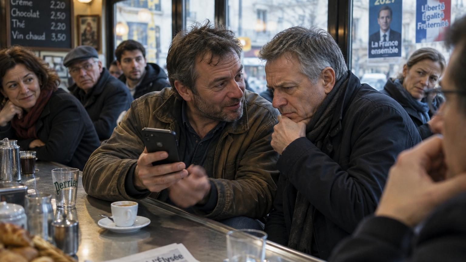Caricature politique représentant un personnage du Rassemblement national en équilibre précaire sur une crête étroite, symbolisant l'équilibre instable entre force électorale et fragilités structurelles avant l'élection présidentielle 2027.