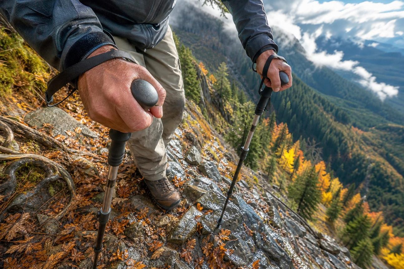 Un randonneur tenant ses bâtons avec le pommeau en évidence, descendant une pente en montagne avec une bonne posture et les mains correctement positionnées.