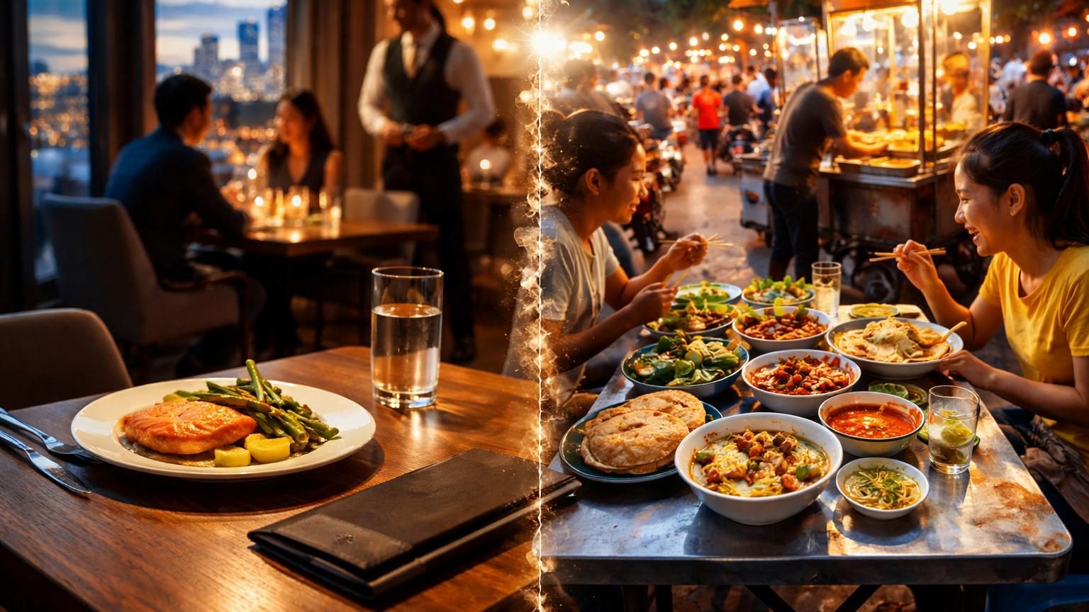 Collage montrant des plats et des prix de repas mondiaux, comparant un restaurant chic européen à des petits restaurants asiatiques avec des prix affichés en euros