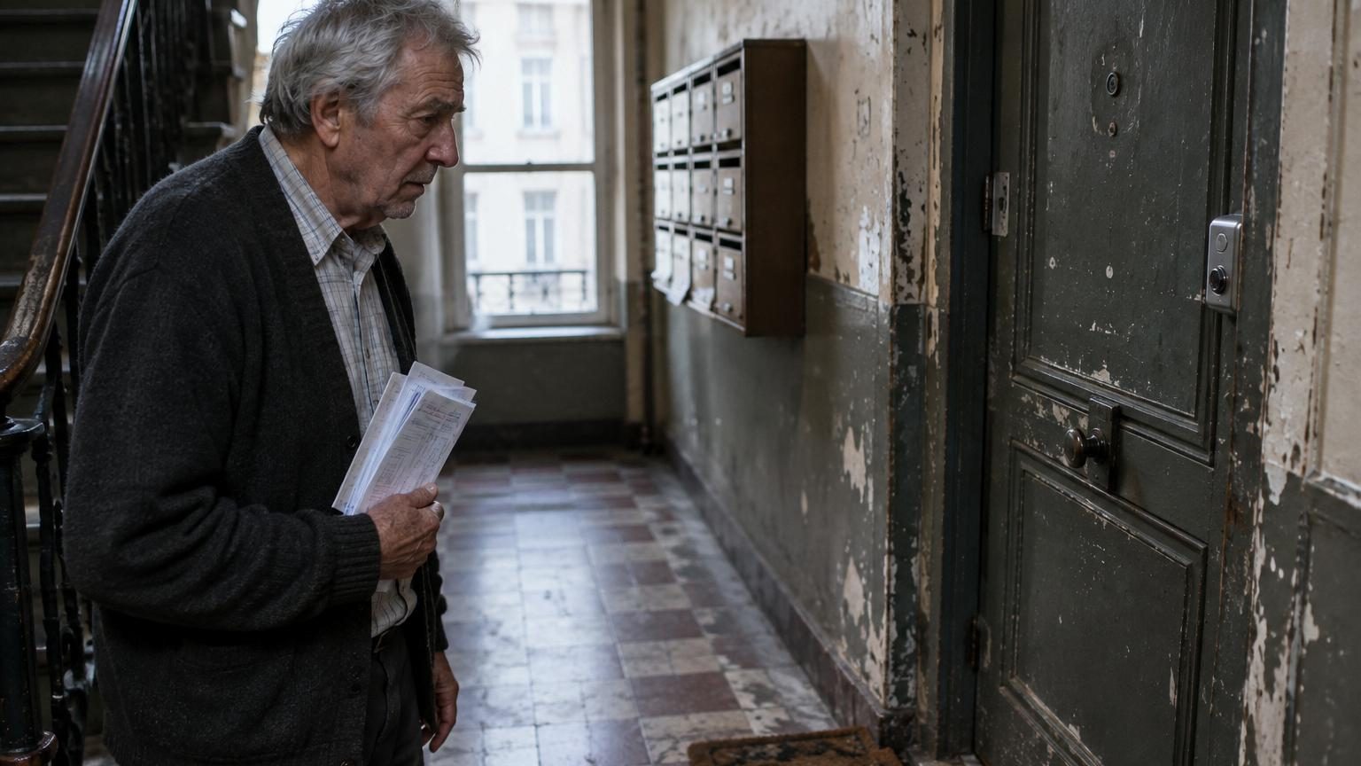 Une femme âgée de 78 ans aux cheveux gris, vêtue d'un pull gris trop large, regardant avec inquiétude un classeur bleu rempli de courriers et de mises en demeure accumulés au fil des trois années d'impayés de son locataire.