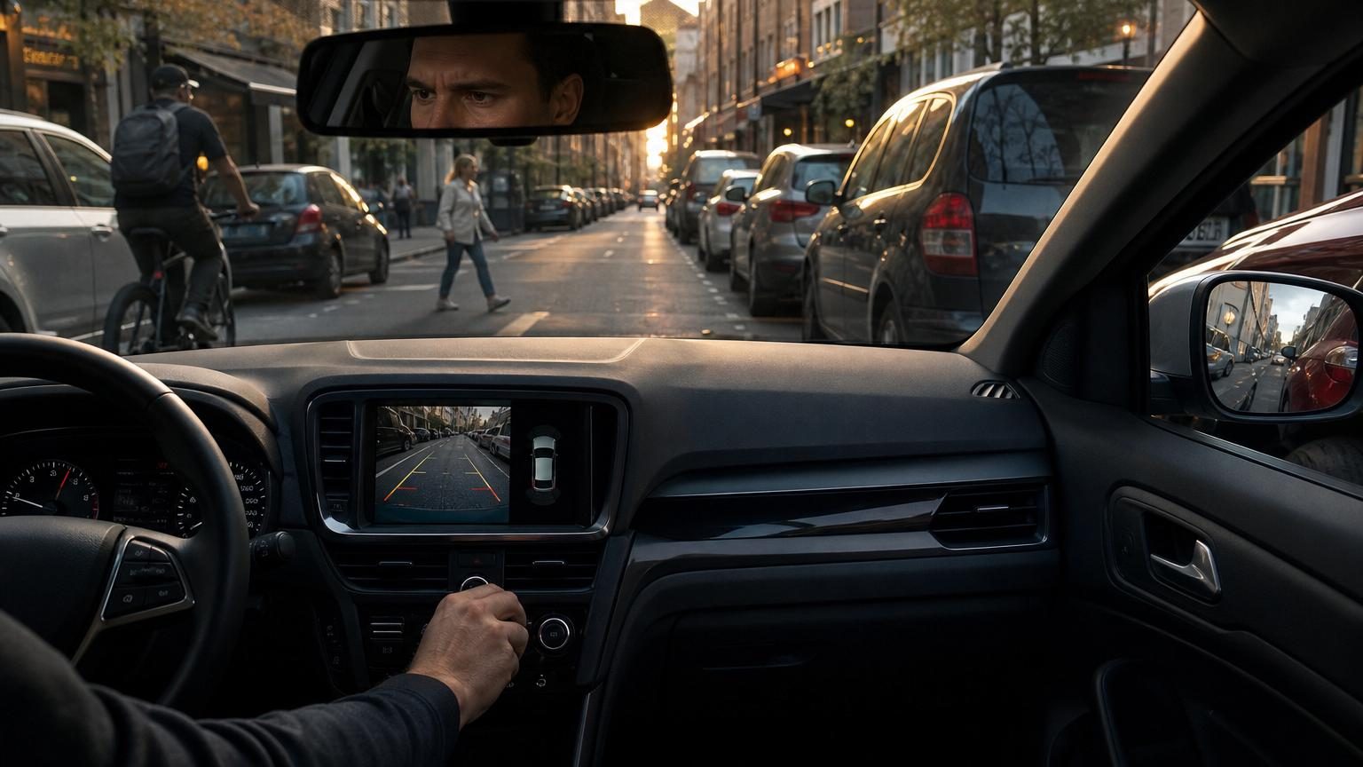 Conducteur baissant le volume de l'autoradio, mains sur le volant, situation de stationnement en créneau étroit.