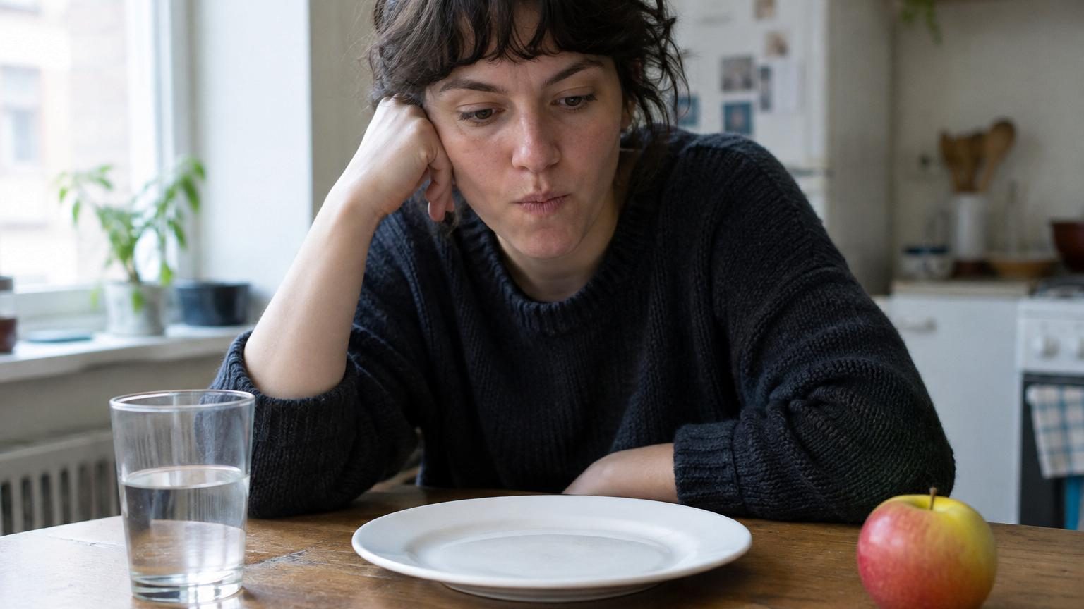 Représentation stylisée d'une silhouette de tête en profil avec un cerveau luminescent, entourée de symboles flottants d'aliments variés, chocolat, beignets et fruits, illustrant l'imagination mentale activée par la faim.
