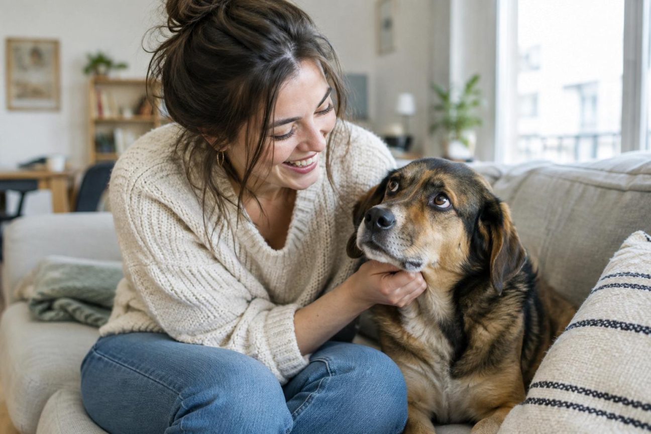 Trois chiens différents (un croisé âgé, un jeune chien de type Catahoula et un bulldog français) filmés en laboratoire avec décor minimaliste, utilisés dans l'expérience psychologique sur la perception humaine des émotions canines.