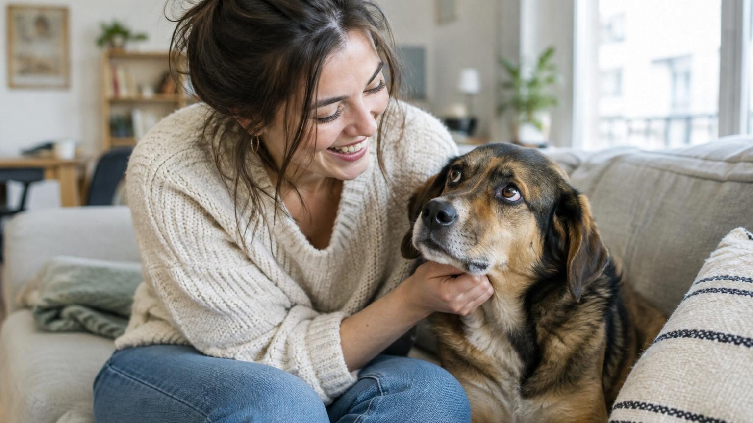 Trois chiens différents (un croisé âgé, un jeune chien de type Catahoula et un bulldog français) filmés en laboratoire avec décor minimaliste, utilisés dans l'expérience psychologique sur la perception humaine des émotions canines.