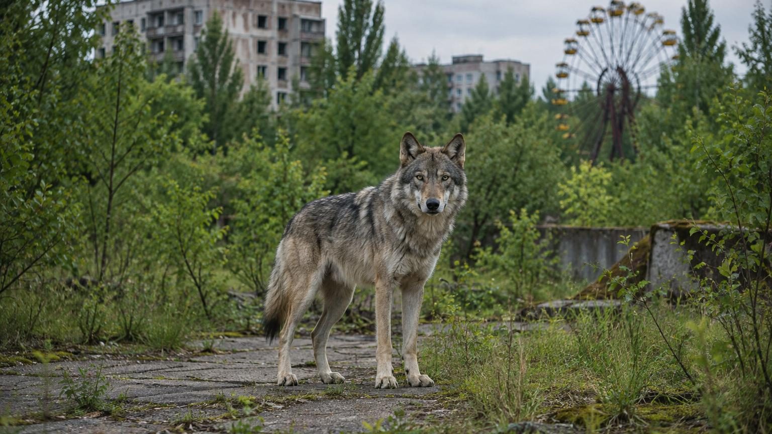 Forêt dense de Tchernobyl avec loups et faune sauvage prospérant entre arbres et végétation luxuriante, quatre décennies après l'accident nucléaire.
