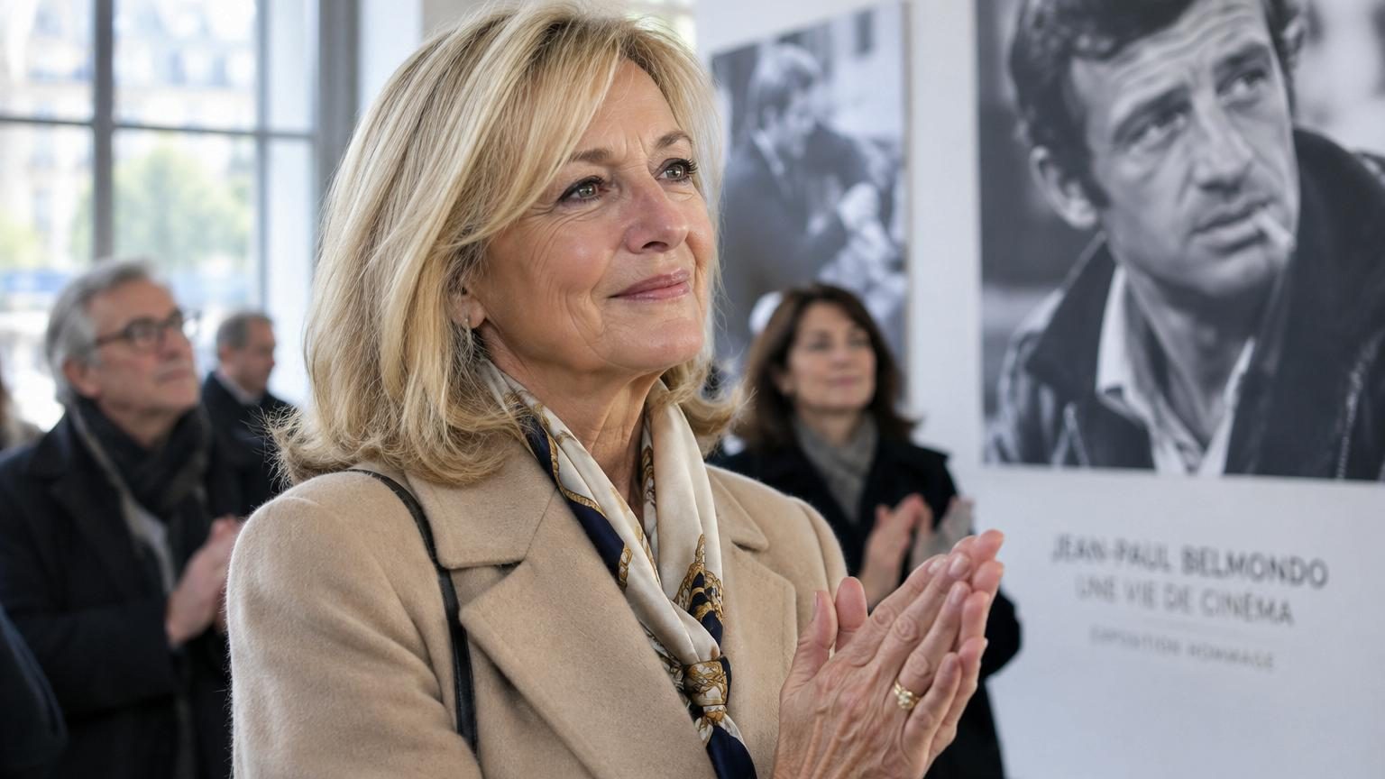 Photo en noir et blanc de Jean-Paul Belmondo aux lèvres souriantes et au regard rebelle, accueillant les visiteurs de son hommage parisien.