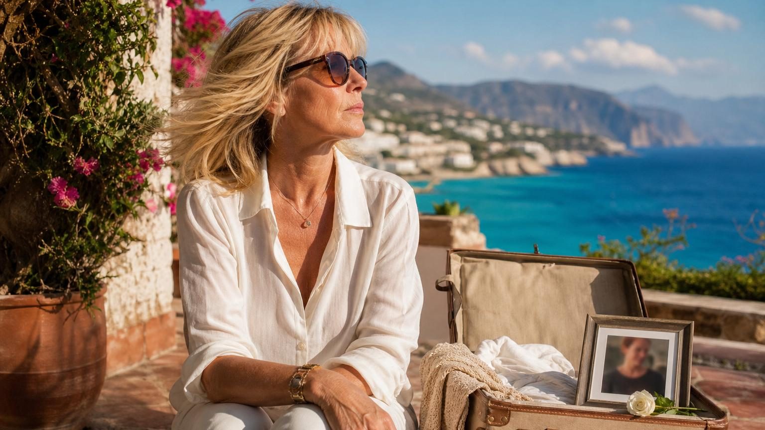 Véronika Loubry dans un paysage ensoleillé lors de son séjour de quatre jours à l'étranger, regard contemplant, évoquant une pause introspective dans le deuil.