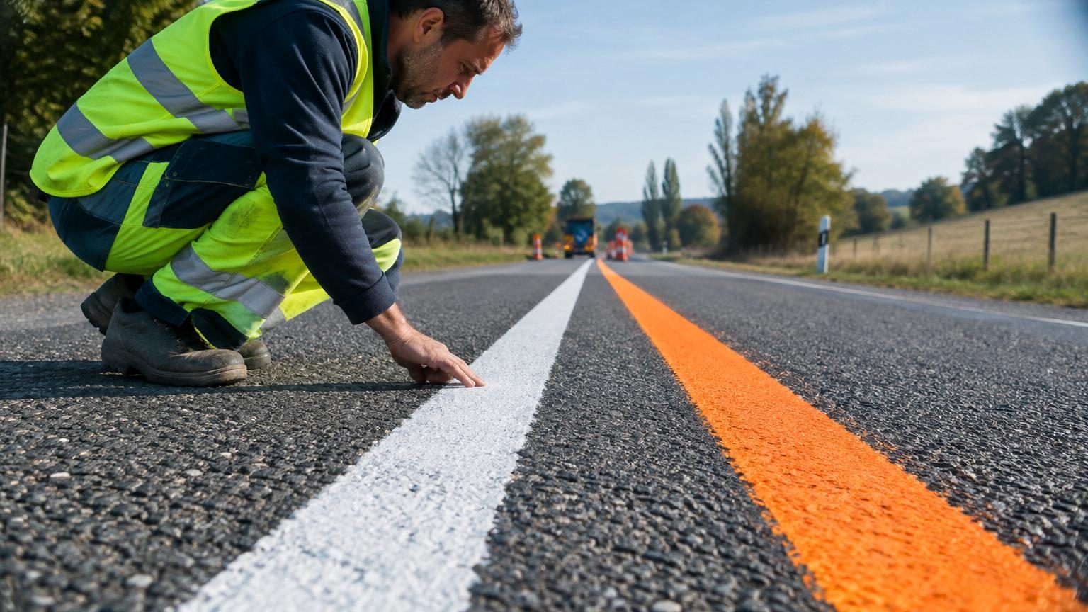 Routes avec bandes alternées blanches et oranges dans une zone de travaux routiers en Californie, créant un motif bicolore continu pour alerter les conducteurs.