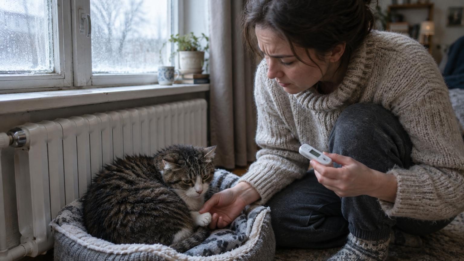 Chat roux recroquevillé sur lui-même, gonflé dans sa fourrure près d'une source de chaleur par mauvais temps hivernal