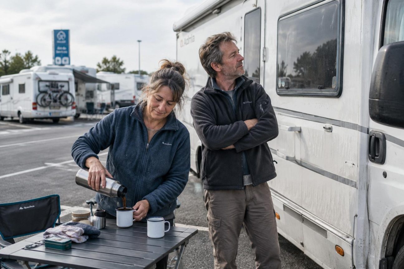 Un couple assis à une table de camping-car lors d'une pause, avec deux mugs de café émaillés, entourés d'autres camping-cars garés sur une aire de service. On aperçoit des antennes satellites, des vélos accrochés à l'arrière et des stores partiellement sortis.