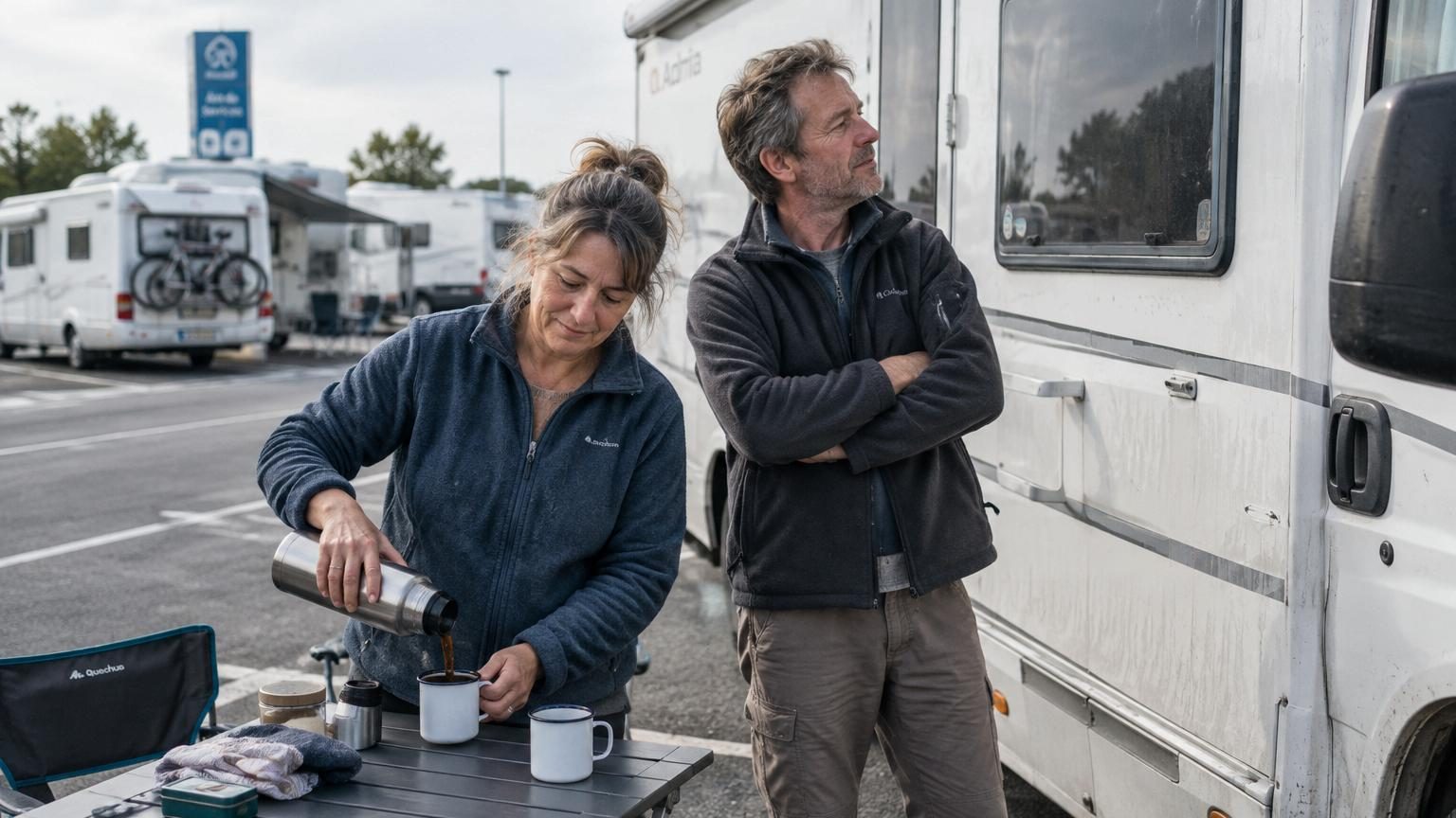Un couple assis à une table de camping-car lors d'une pause, avec deux mugs de café émaillés, entourés d'autres camping-cars garés sur une aire de service. On aperçoit des antennes satellites, des vélos accrochés à l'arrière et des stores partiellement sortis.