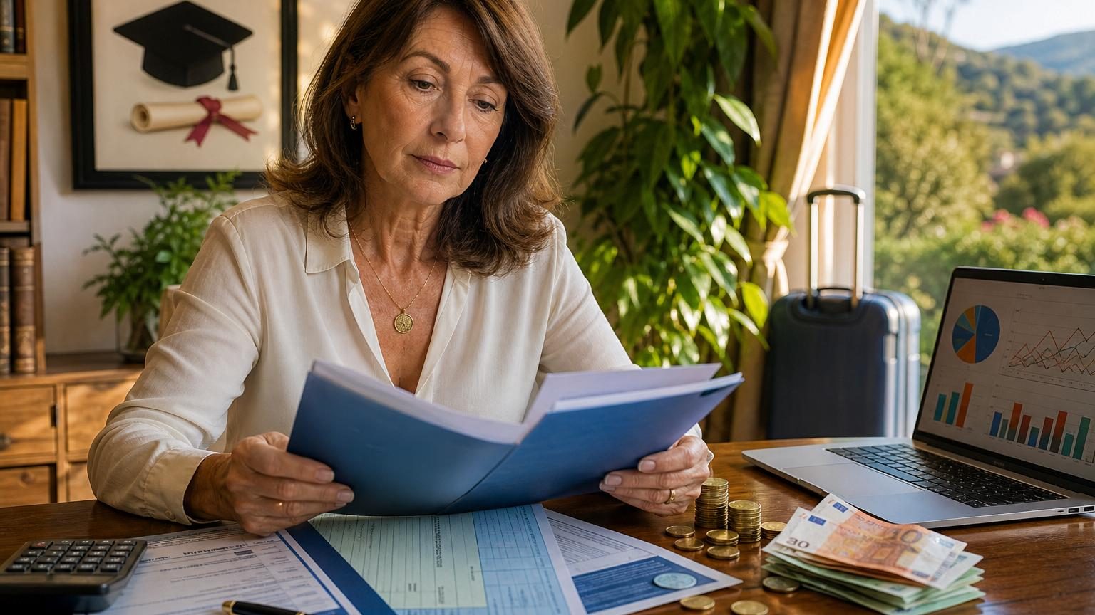 Femme de 58 ans consultant son relevé de carrière et un simulateur de rachat de trimestres sur son écran d'ordinateur, entourée de documents d'études et de relevés de notes.