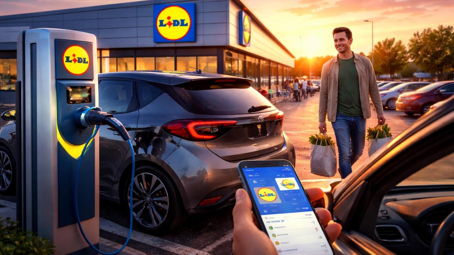 Parking d'un supermarché Lidl avec une borne de recharge pour voiture électrique sous un ciel nuageux, symbole de l'offre tarifaire préférencielle Lidl Plus.