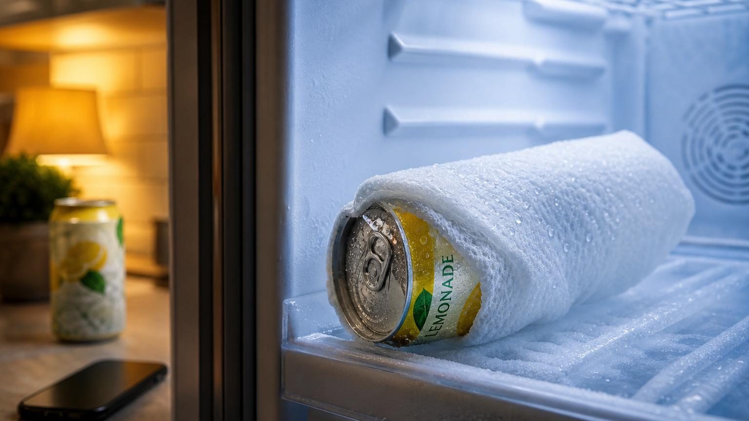Canette ou bouteille enveloppée de papier absorbant humide à l'intérieur d'un congélateur, illustrant la technique de refroidissement rapide d'une boisson.