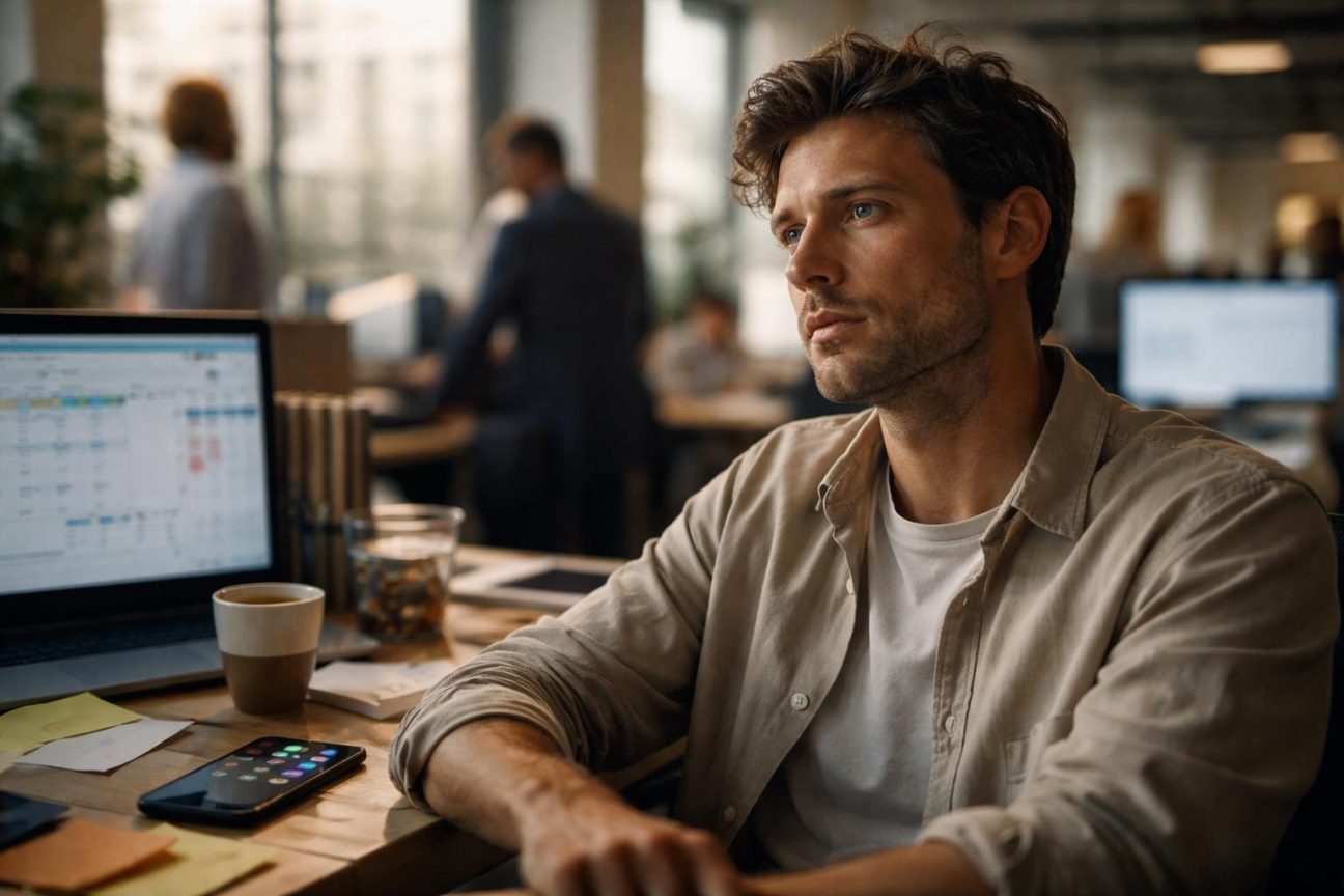 Personne assise à un bureau, l'expression lointaine, regardant vaguement devant elle tandis que l'écran d'ordinateur et l'environnement de travail semblent flous en arrière-plan, illustrant la sensation de détachement et de flottement mental.