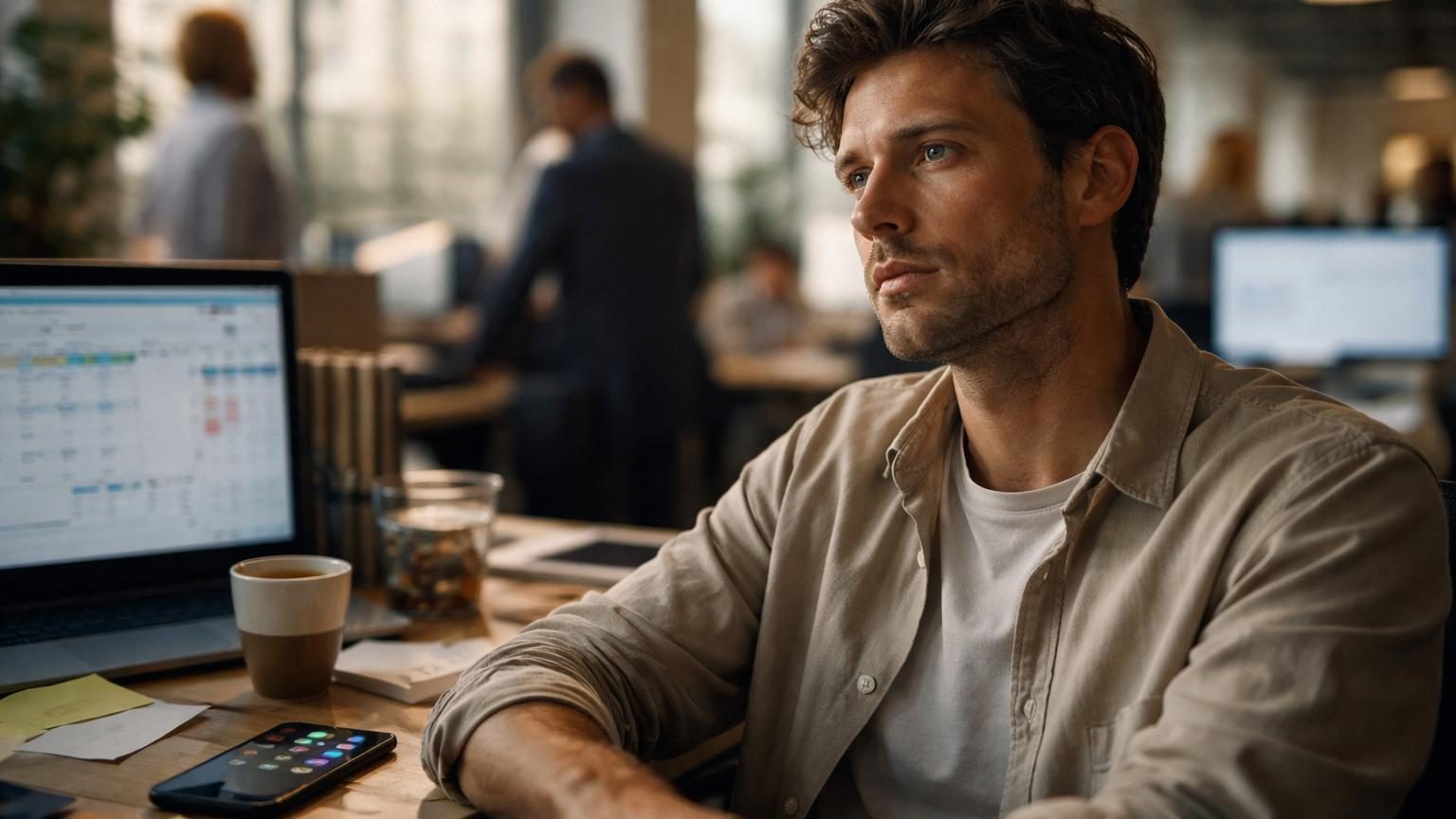 Personne assise à un bureau, l'expression lointaine, regardant vaguement devant elle tandis que l'écran d'ordinateur et l'environnement de travail semblent flous en arrière-plan, illustrant la sensation de détachement et de flottement mental.