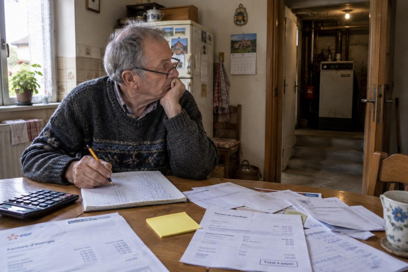 Rémy, 70 ans, assis à sa table de cuisine parmi des devis et des factures d'énergie, hésitant entre garder sa chaudière au fioul ou investir dans une pompe à chaleur.