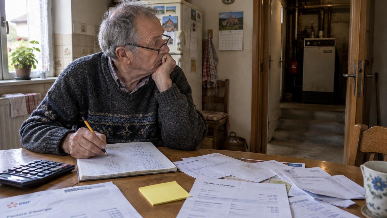 Rémy, 70 ans, assis à sa table de cuisine parmi des devis et des factures d'énergie, hésitant entre garder sa chaudière au fioul ou investir dans une pompe à chaleur.
