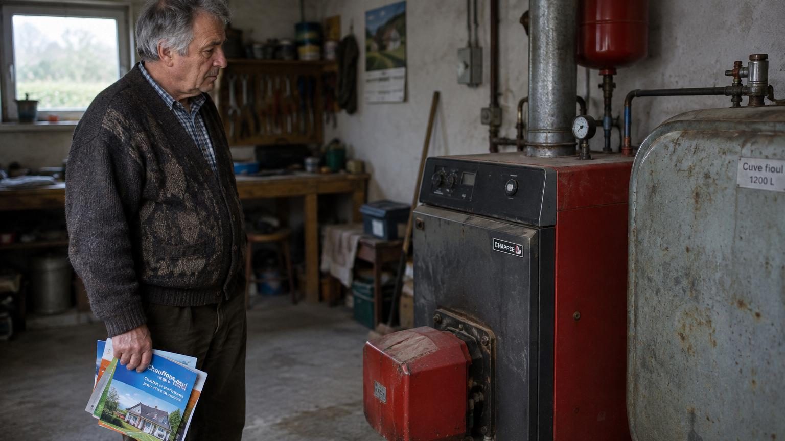 Homme senior dans un garage devant sa chaudière au fioul, tenant un carnet de calculs, avec des brochures de pompes à chaleur sur une table à côté