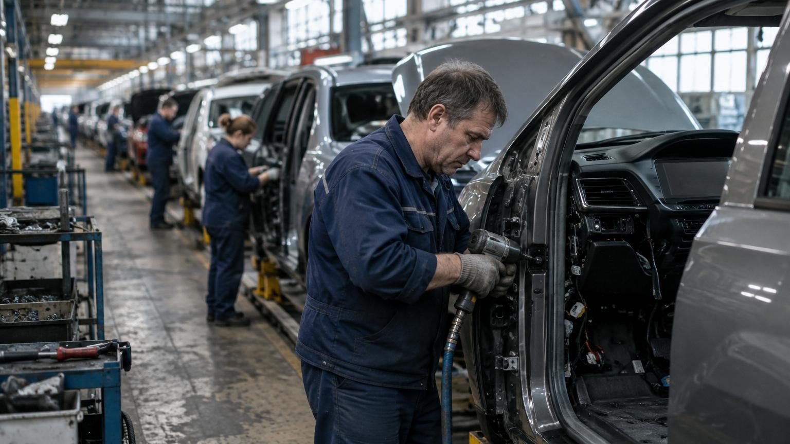 Chaîne de montage automobile avec ouvriers assemblant des véhicules dans une usine moderne russe reconvertie.