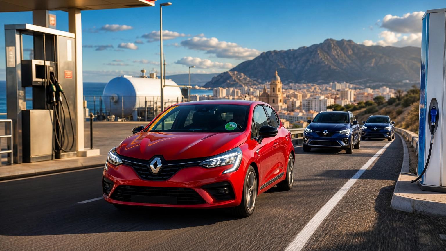 Trois modèles Renault équipés du moteur GPL Eco-G 120 : la Clio, le Captur et le Symbioz, présentés sur un fond montrant une station-service GPL en Espagne.