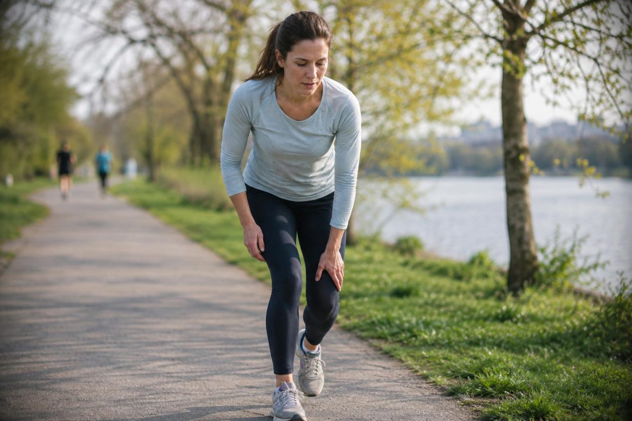 Coureur en tenue de sport jogging sur un sentier verdoyant au printemps, genoux en mouvement, dans une démarche progressive et contrôlée.