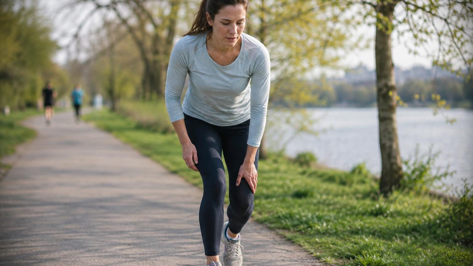 Coureur en tenue de sport jogging sur un sentier verdoyant au printemps, genoux en mouvement, dans une démarche progressive et contrôlée.