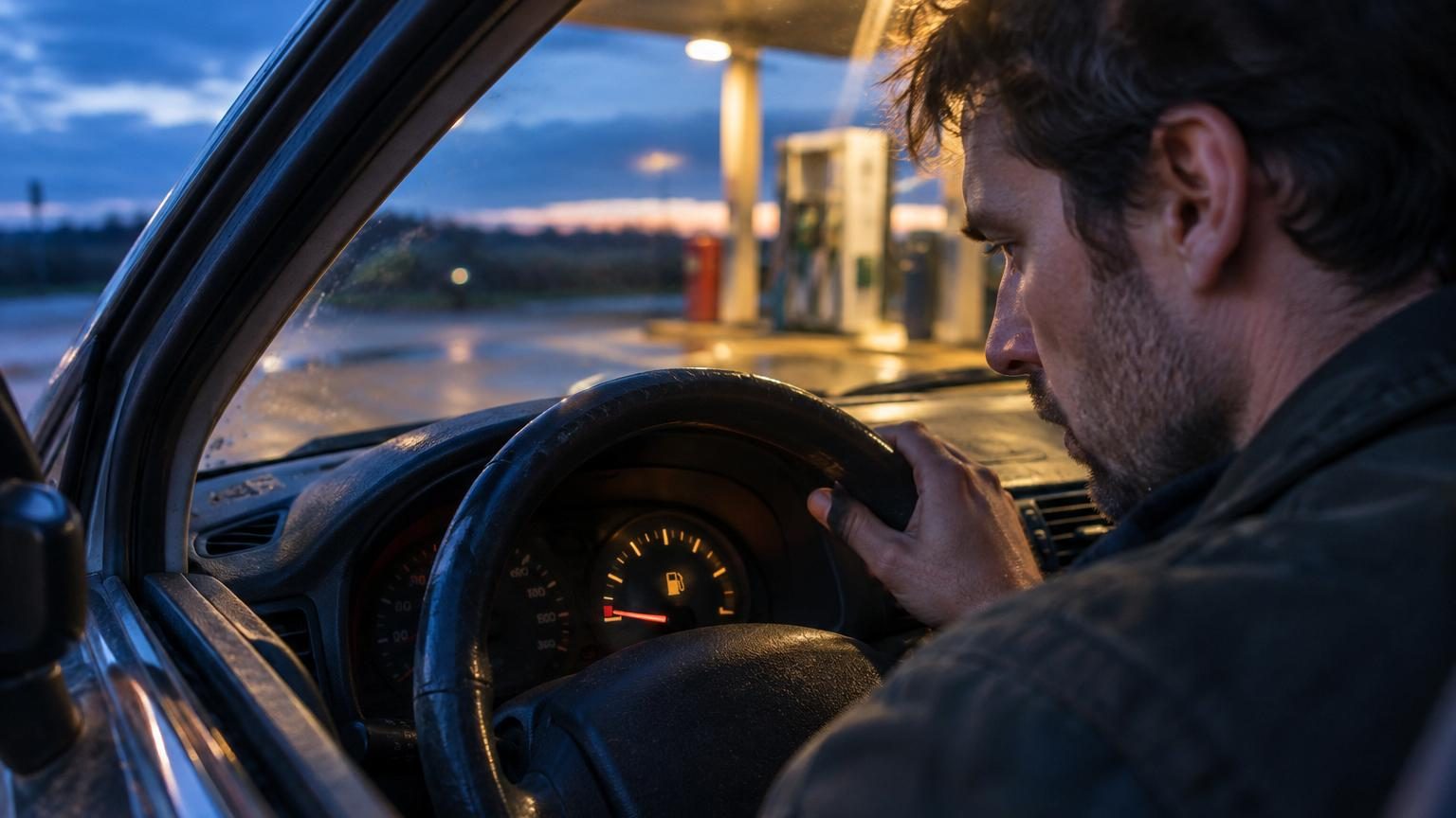 Jauge de réservoir d'un tableau de bord automobile montrant un niveau bas de carburant avec l'aiguille approchant de l'indicateur E vide.