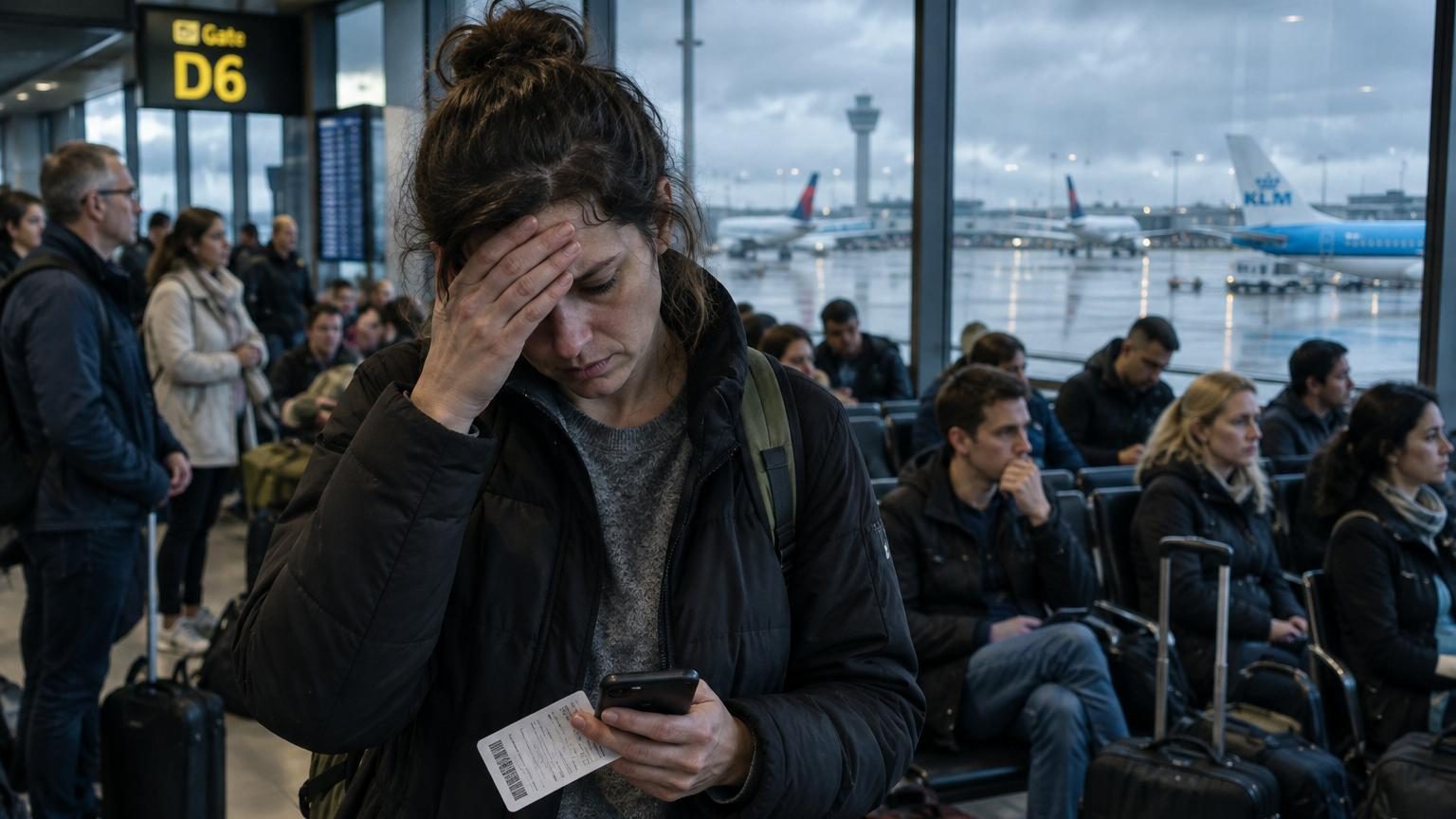 Vue d'un aéroport européen sous conditions météorologiques difficiles avec avions en retard, nuages orageux et turbulences atmosphériques